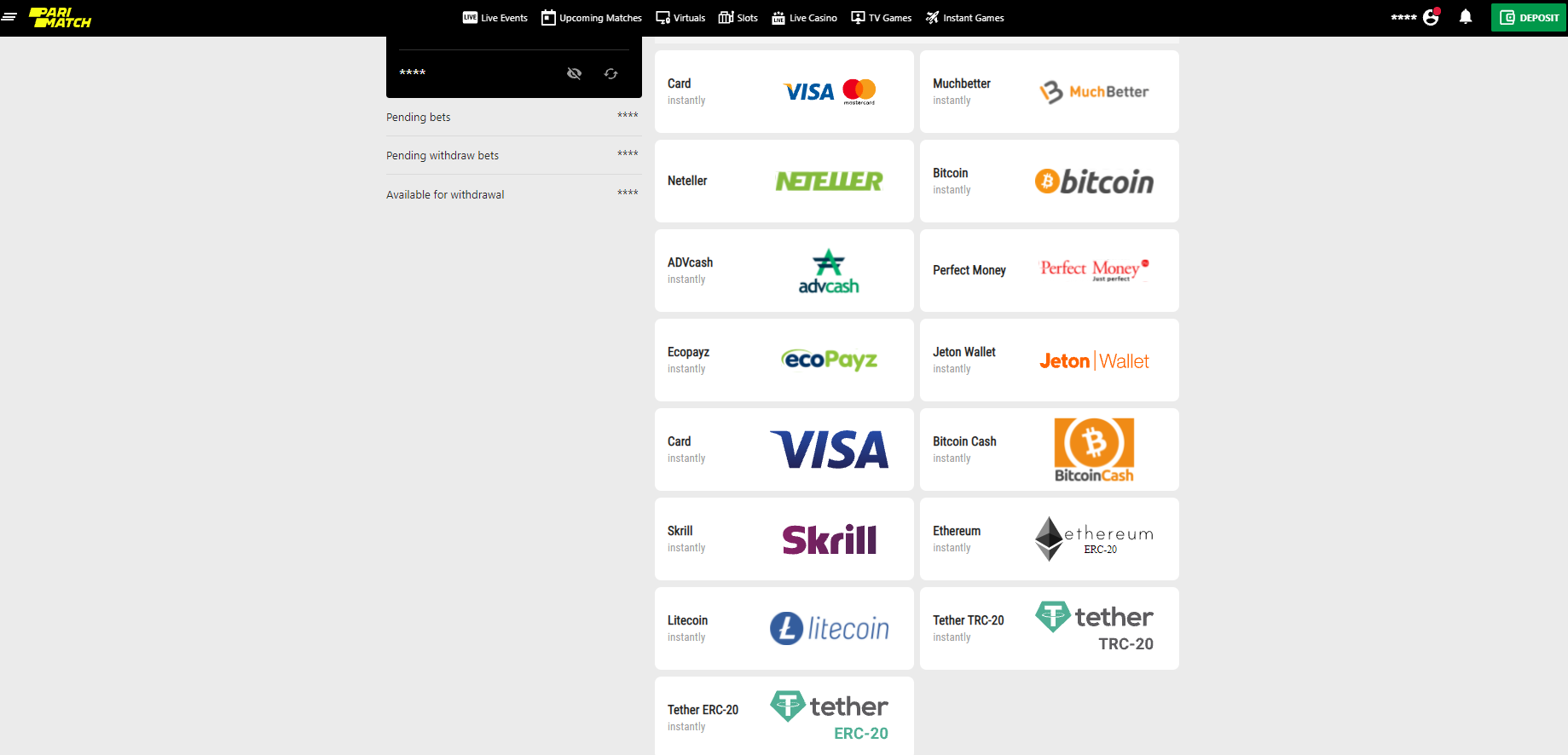 PariMatch payment options