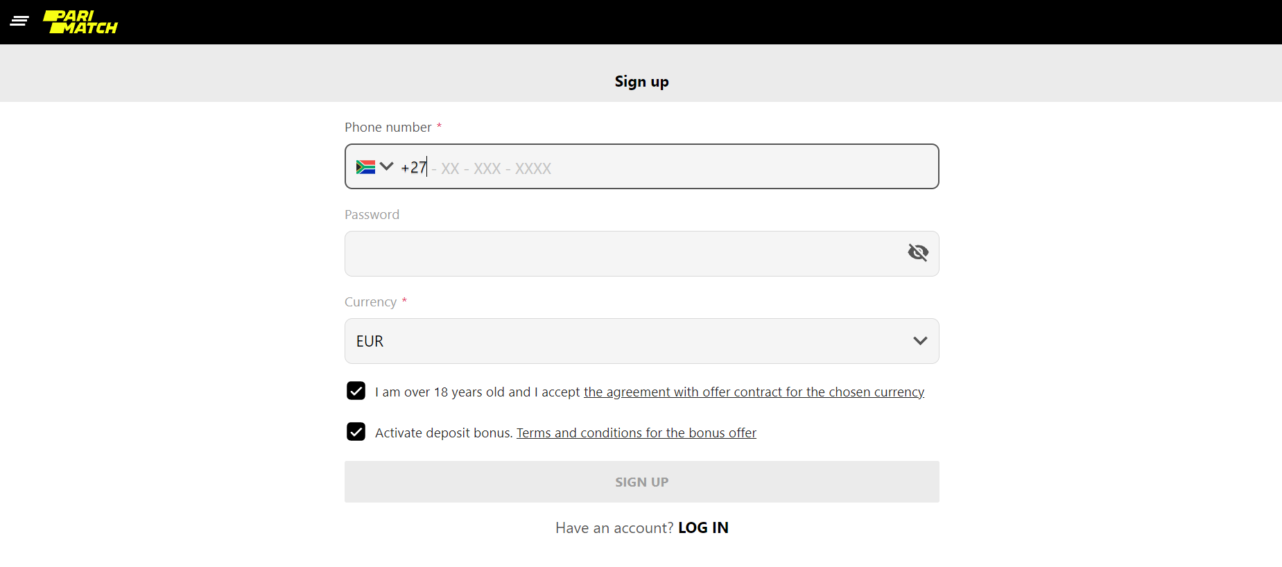 Registration at PariMatch in South Africa